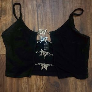 Silver Butterfly Chain Open Front XS Black Tank Top